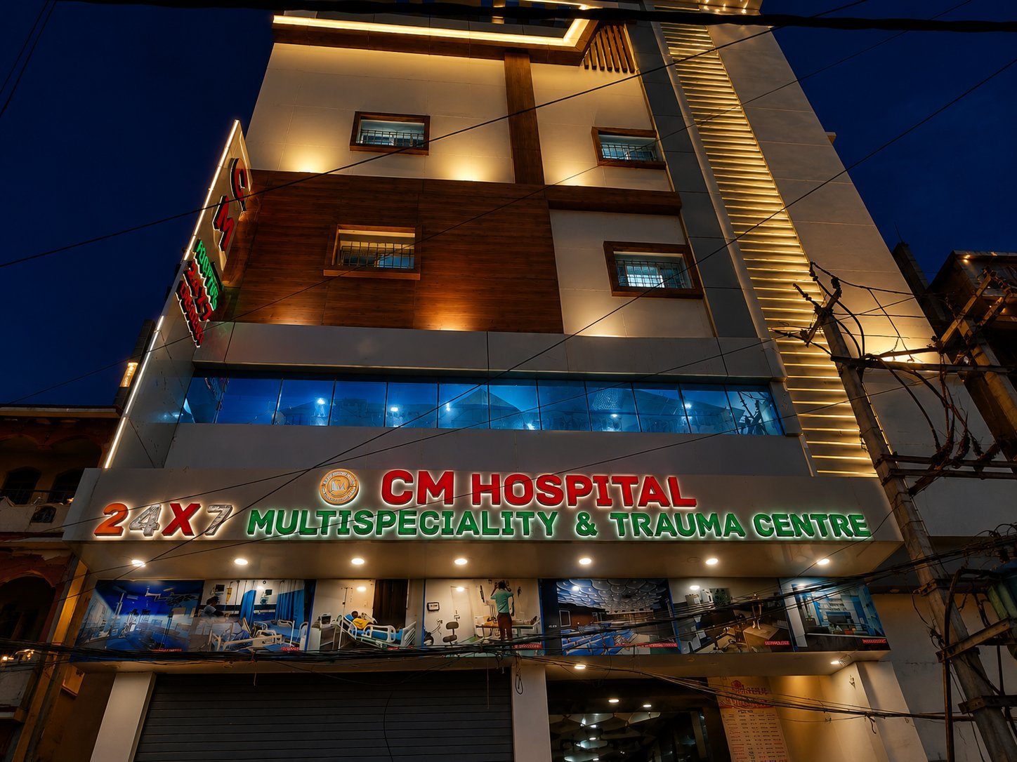 CM Hospital on Bailey Road, Patna, lit up at night
